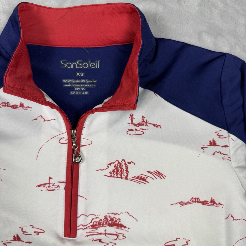 SAN SOLEILGolf Top Course Flag Womens  UV 50 1/4 Zip Tennis Red White Blue
